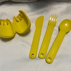 Vintage Tupperware On The Go Bright Yellow Plastic Cutlery Set with Case